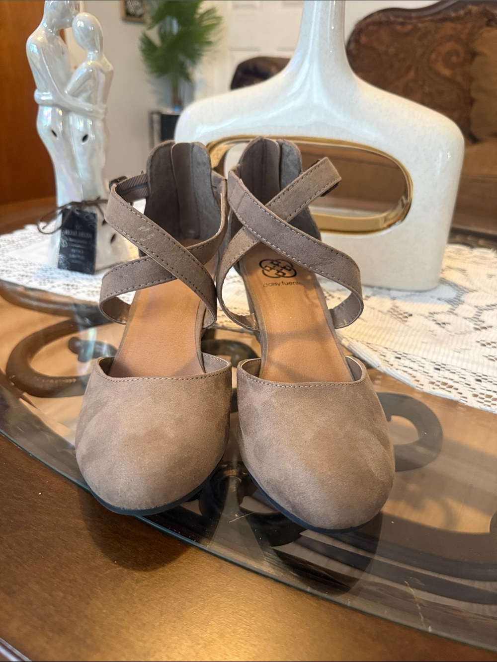 Daisy Fuentes Taupe Crisscross Suede Heels